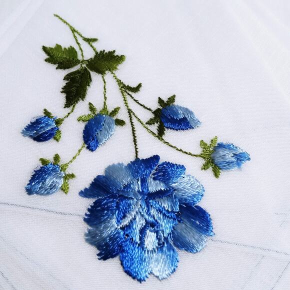 Red/ Blue Floral Embroidered 2 Handkerchiefs Cottagecore Hankie Switzerland NOS - Picture 5 of 5